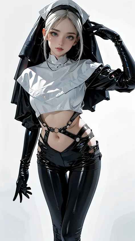  1 mature woman ，,Lonely, Medium chest ,(Thigh gap:1.2),( cowboy shooting :1.2),Ruan Yi 020,Crouching Cowboy, black leggings ,With training,nun,Capulet,(White hair),, ( masterpiece,  best quality, Employed,  high res:1.2), ( Very detailed, Practical, Intri...