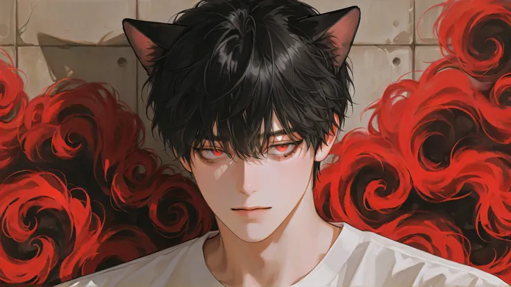 Mature male, cat ears,handsome, messy black hair, 1 man, dark circles under eyes, short hair, male focus, handsome man, thickly painted, Korean comic style, semi-realistic art , semi-realistic art style, expressive brushstrokes, vibrant brushstrokes, impre...