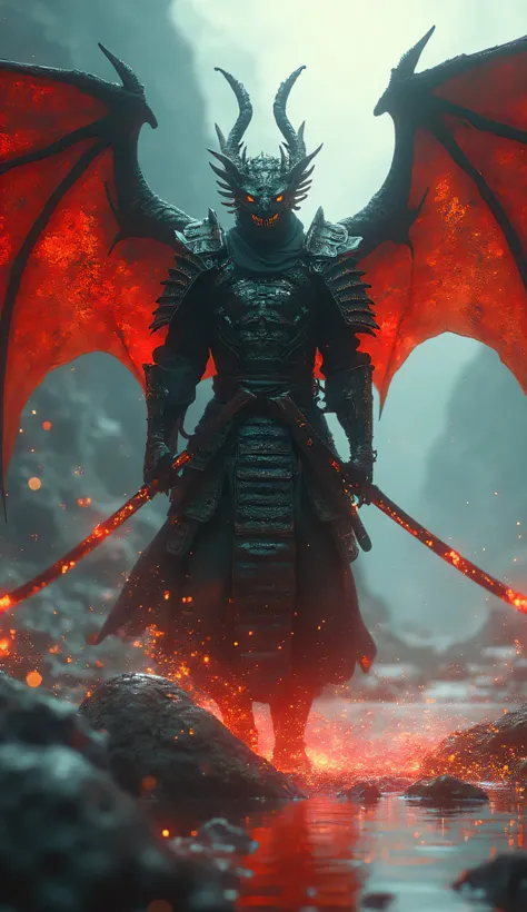  Hybrid human combined dragon and samurai warrior .  This hybrid human consists of a human body holding a black katana full armor a magical glowing red black color coming out of his samurai and has dragon wings that are wide red to black green, position is...