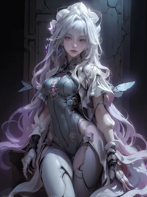  measurements,  Masterpiece, high resolution,(  Realistic Portrait :1.4),Raw images, steampunk-style cyborg fairy , large wings made of metal ,White porcelain body,Clear acrylic cover, white hair, glowing skin ,1 Cyberpunk Girl ,Korea is very pretty +Chine...