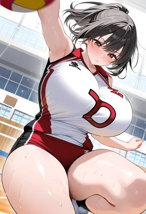 (ultra detailed),cowboy shot, dynamic angle ,(1 Girl),(Jumping),(Red volleyball uniform),( huge breasts :1.4),( big thighs ), sweat, black hair, Medium Hair, ponytail, brown eyes,( school gymnasium ),motion blur effect, dynamic motion,(super detail, high d...