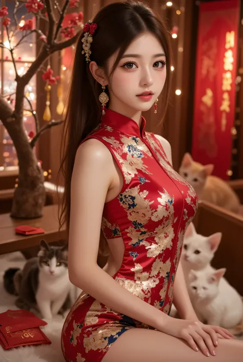 Cat ears、 face up、((( Lying in Bed))) attractive, pretty girl, ponytail、 (( fine facial features , eroticism)), dramatic lighting , realistic , 8k, Dramatic Shadows , intricate and elaborate patterns , super detailed photo ...