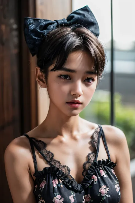 ((Femboy)), Shorthaircut Stylish, adorable, 1 femboy, (face to face), , ((baby face)), (cry sad face expression), half body portrait, (face details: 1), (eye details: 1), ((huge breasts)). wearing black torli transparent transparency soft soft,  .. Cute po...