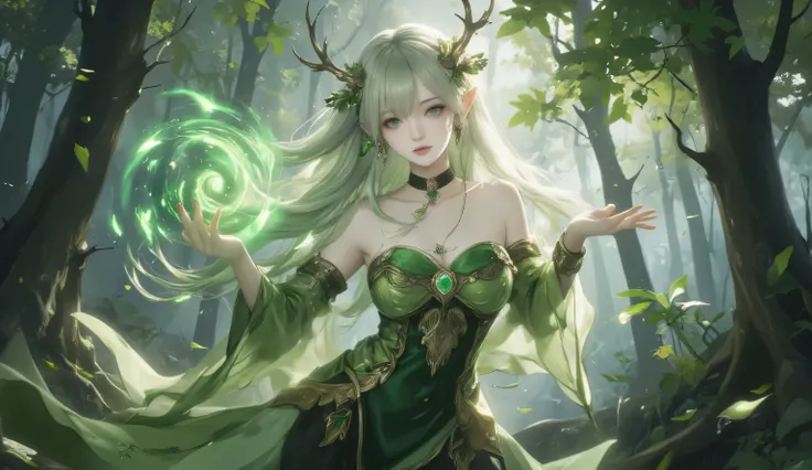 A mesmerizing female elf with delicate green-tinted hair flowing gracefully past her shoulders, standing in a magical forest. She has elegant antler-like branches adorned with small glowing green leaves, giving her an aura of nature's guardian. Her piercin...