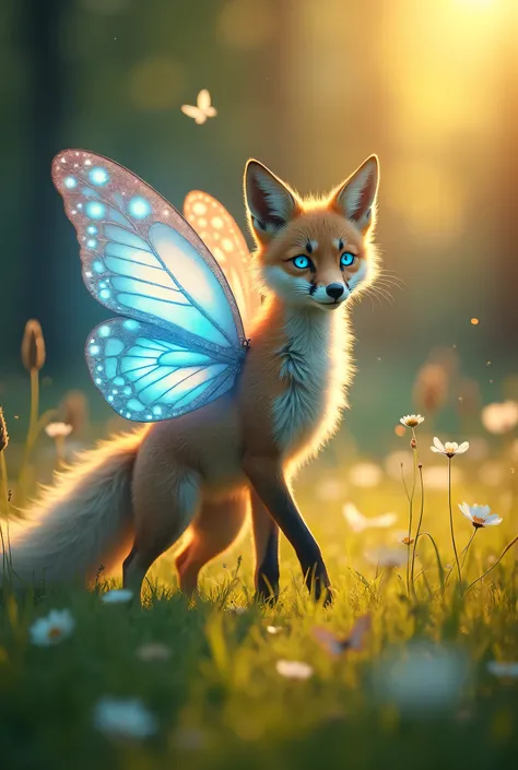 In the sunlit meadow, an ethereal spirit now moves gracefully where the fox and butterflies met. Its sleek, fox-like body shimmers with vibrant, butterfly-like wings extending from its back, each wing glowing with magical light. Its glowing blue eyes exude...