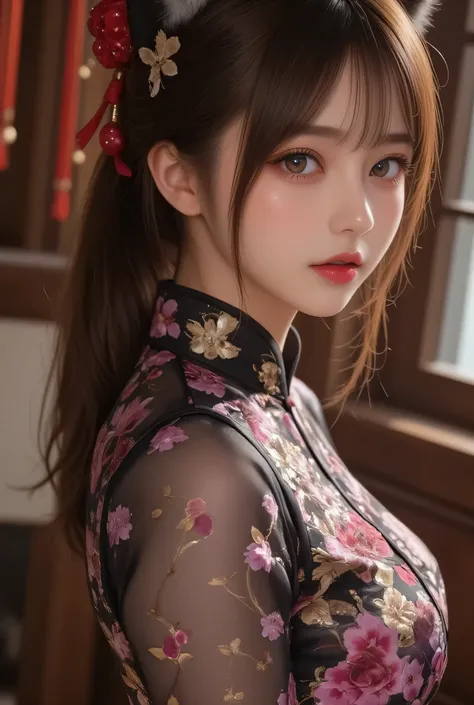Cat ears、 face up、((( Lying in Bed))) attractive, pretty girl, ponytail、 (( fine facial features , eroticism)), dramatic lighting , realistic , 8k, Dramatic Shadows , intricate and elaborate patterns , super detailed photo ...