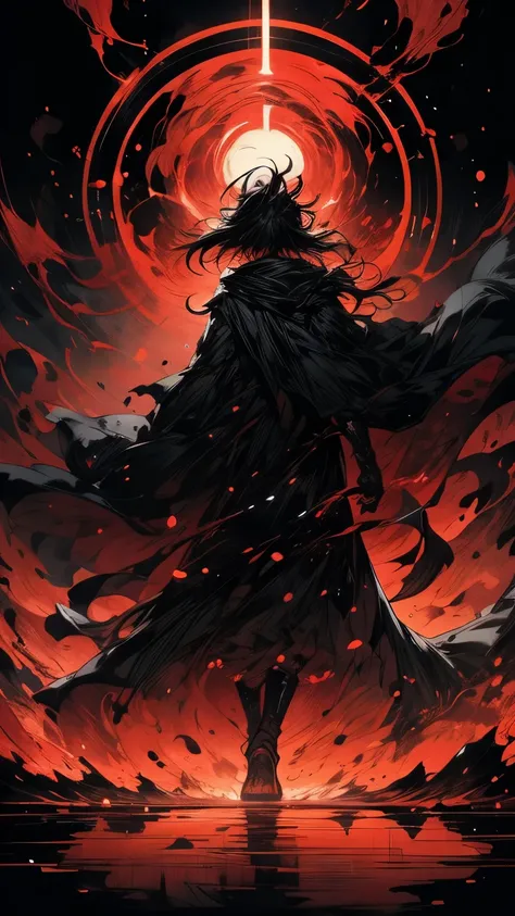 A highly detailed digital artwork featuring a lone figure standing on a reflective surface, wearing a black cloak with red clouds reminiscent of the Akatsuki from Naruto. The character’s back is turned to the viewer, facing a massive, glowing red eye that ...