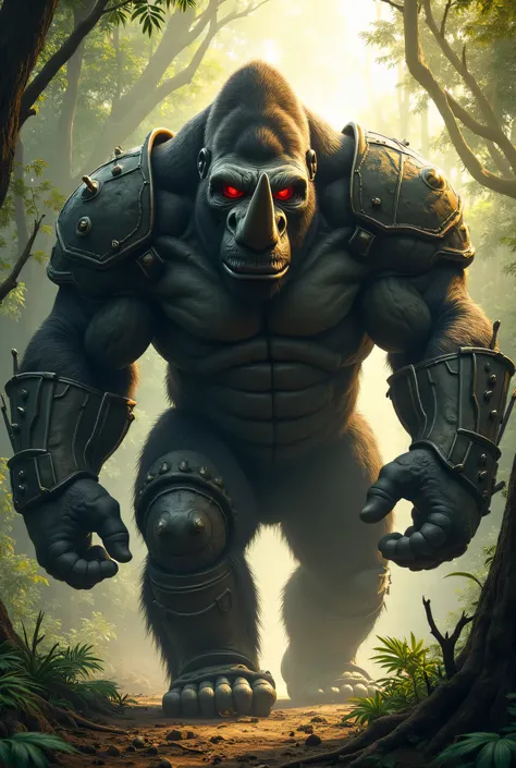 In the heart of the dense jungle, the gorilla and rhino have fused. Its massive, muscular frame resembles that of a gorilla, but it is cloaked in thick, rugged rhino armor, with large, bony plates covering its shoulders, back, and chest. A long, sharp rhin...