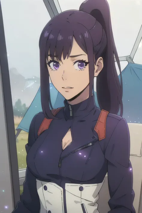 1 girl in, age18, photo of Sung Jinha, Solo Levelling Waifu, photo of perfect woman, Solo, Aesthetic artwork, (long hair, straight purple hair, long ponytail, dark purple hair, bangs: 1.25), (violet eyes, clear skin, fare skin, small breasts, B-cup, runner...