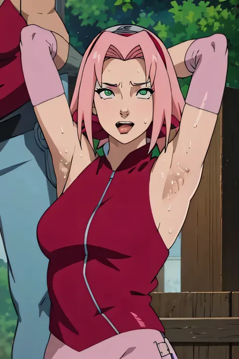 Sakura Haruno,human woman with fair skin.with green eyes and red clothing. Her hair is long and pink in color; She is beautiful. Fair skin.Tsundere face. Pink eye shading,mature appearance,armpits,sweat,sweaty,sweaty armpits,arms up,showing armpits,awesome...