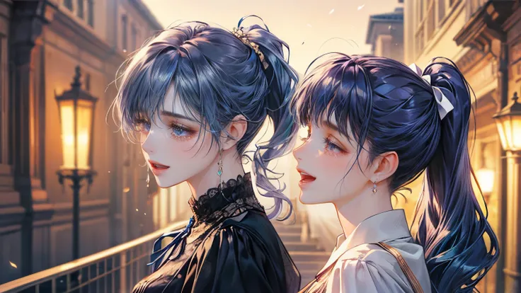 Two mature women Long Hair, Breasts, Smile, Open Mouth, Ribbon, Twintails, Ponytail, Jewelry, Blue Hair, Purple Hair, High Quality, High Details, Super Detailed, Masterpiece, Accurate, From Side, on street (one with tears in eyes) both sending side-by-side...