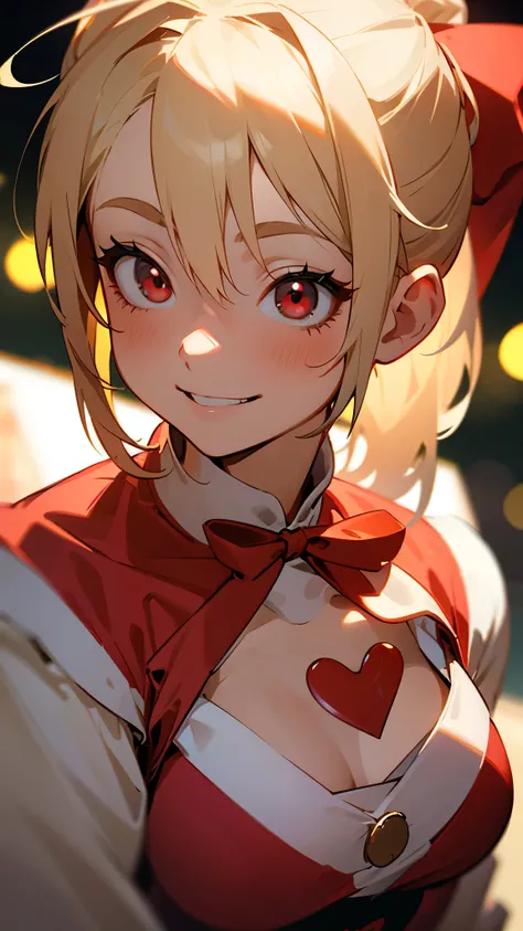  1 girl、Santa costume、 blonde ponytail、stupid hair、 beautiful red eyes 、smile、laughter、 medium sized breasts、Christmas outdoor 、 Subtle Details 、 upper body close-up 、