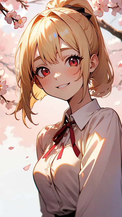  1 girl、 blonde ponytail、stupid hair、 beautiful red eyes 、smile、laughter、Blouse shirt、neck ribbon、 medium sized chest、cherry blossom park background、 Subtle Details 、 upper body close-up 、