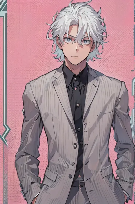 an 18 year old man with white hair, one pink eye and the other with a black button, wearing a black suit