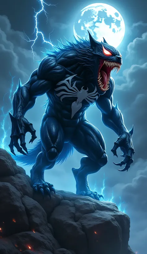 "A terrifying scene featuring Venom reimagined as a dangerous, wolf-like creature standing on a rocky cliff, letting out a ferocious roar. The wolf form is muscular and menacing, with glowing blue veins running across its dark, slimy, and sinewy body. Its ...