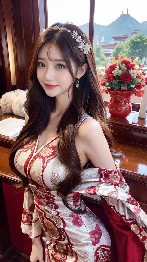     pretty woman,     Chestnut hair    ,      pretty eyes ,    Smile,  Actual , Full HD,    very beautiful dress  ， Fluffy Dress  ， Curved Body，Magnificent views ， gorgeous decoration ，Long gown，中国发髻，Year of the Snake Theme，snake print ，snake pattern