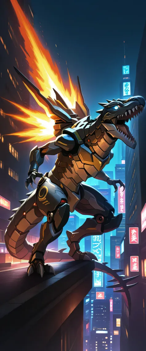no humans,sharp teeth,solo,open mouth,blue glowing eyes,from side,full body, claws, no people, looking forward , head down, 3 fingers, 3 toes, mechanical tyrannosaurus rex,dinomorphia rexterm,mechanical booster with thrust, blue energy boosters, yellow and...