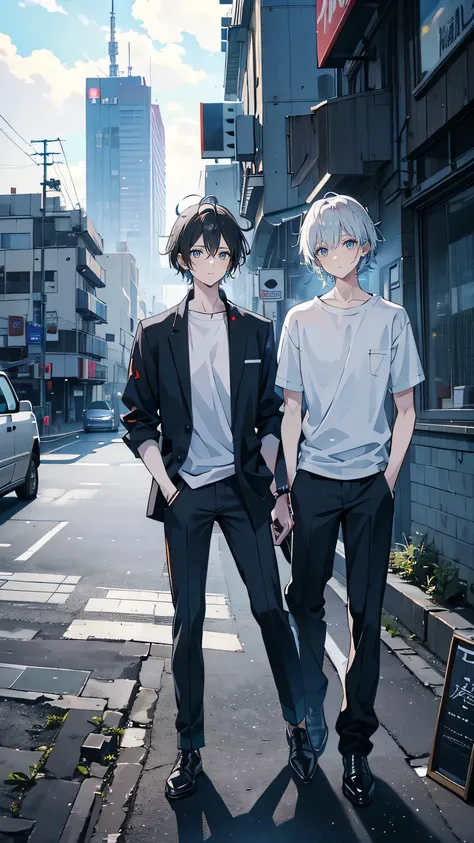 “A dynamic scene of two age boys standing at the edge of a cracked and distorted landscape. Takuya, a Japanese high school student with short black hair and dressed in his school uniform (white shirt and black trousers), looks distressed but determined. Le...