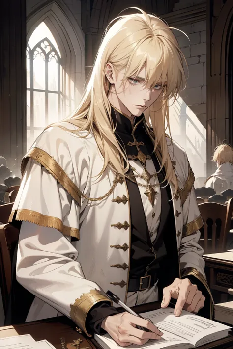 1 man, AS-Adult, Messy blond hair and bangs, Principle,  White clothes, beautiful, dispassionate, The beautiful, Condescending, weight loss, in a castle,  MEDIEVAL FANTASY 