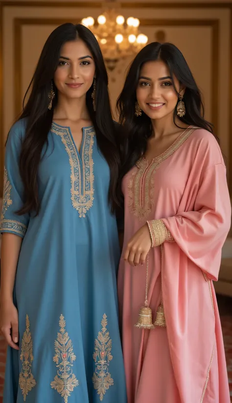 A young, slim, athletic Spanish woman with long, straight black hair. She has a bust size of 36DD and wide hips, maintaining a slim and toned physique. She is wearing a beautiful blue Pakistani salwar suit. The woman is standing upright in a banquet hall. ...