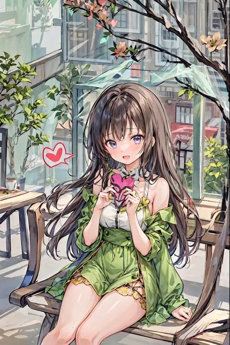  character depth  ,  best quality, cute girl, Cafe,  is sitting, perfection,  cake, (Speak from the heart),  happy, (Speaking Heart),  happy,  open your mouth,  casual clothes, clavicle,  long hair,   black hair