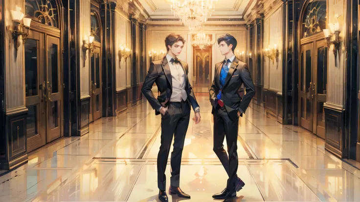 Two man standing in hotel looking at each other's face arguing ( first man in casual outfit and second man in expensive suit) full body view