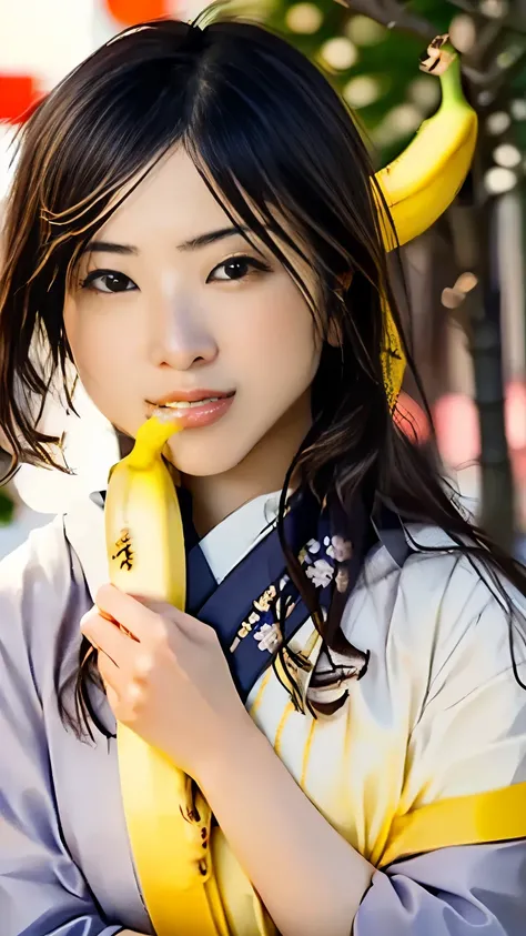 A woman is holding a banana in her hand, ,  Beautiful Japanese Women,  BEAUTIFUL YOUNG JAPANESE WOMAN ,  japanese girl, With yellow cloth,  is present. Chen Yi,  BEAUTIFUL YOUNG JAPANESE WOMAN , Yuriko Yoshitaka, Banana color ,  CGSTATION in the real world...