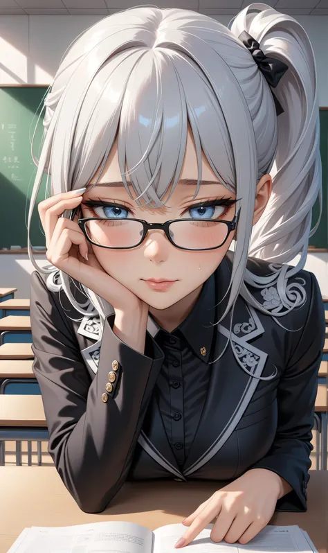 random Sexy pose, ((Ultra detailing)), (very aesthetic, best quality, ultra detailed), intricate details,
1girl, silver hair, silver eyes, Side ponytail hair ((Detailed eyes)), ((Beautifull eyes)), ((prefect eyes)), sharp jawline, shy, Licking her lips, Bl...