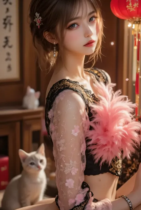 A close-up, head-and-shoulders portrait of a beautiful Korean idol with fine facial features and a ponytail, wearing a pink-black-gold short cheongsam adorned with intricate gold or silver floral embroidery. She stands gracefully in a warmly lit room featu...