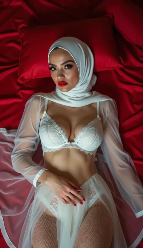 hijab, wearing a white sheer wedding dress, white fishnet stockings, a large white bra, red lipstick, wedding make-up, lying on a red satin bed, 