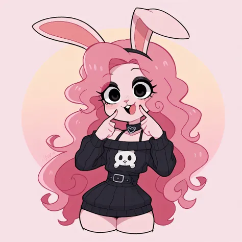 better quality, very detailed illustration , , ( Anthropomorphic furry rabbit:1,7), ruffled voluminous bouncy hair , rabbit ears, playful look, delgado, ideal body, thin waist , wide hips, simple drawing, Artifyber style , pastel flat colors , beautiful, c...