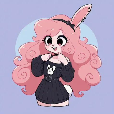 better quality, very detailed illustration , , ( Anthropomorphic furry rabbit:1,7), ruffled voluminous bouncy hair , rabbit ears, playful look, delgado, ideal body, thin waist , wide hips, simple drawing, Artifyber style , pastel flat colors , beautiful, c...