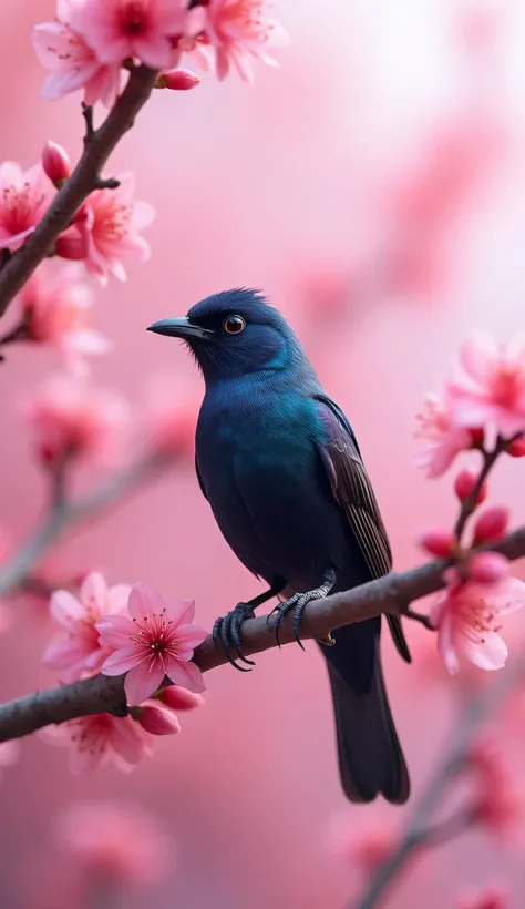 A beautiful black or blue unique sparrow setting on the branch of pink tree.