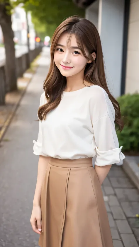 Brown Hair,Medium Hair,20-year-old female, Small nose, With the correct face, Cute natural smile, Japanese facial features, A clean and cute face, Cute realistic portrait, Asian Face, 8K Photo, Soft Makeup,Natural skin texture,Raw photo,highest quality,Ful...