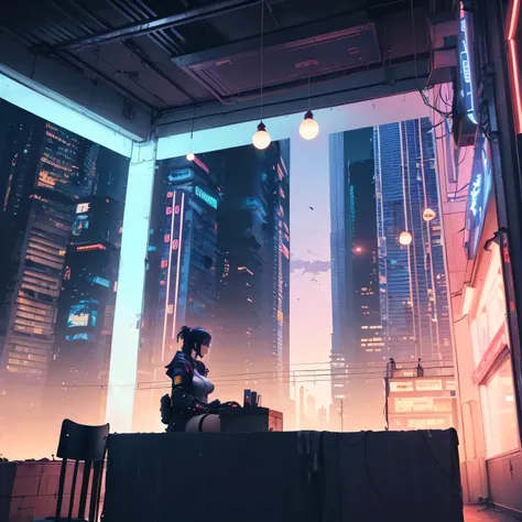 Anime girl sitting at a table in a city at night,  Cyberpunk aesthetics ,  Cyberpunk aesthetics s,  cyberpunk atmosphere ,  cyberpunk art style ,  digital cyberpunk - anime art , in a cyberpunk setting, cyberpunk climate, in  Cyberpunk aesthetics , Modern ...