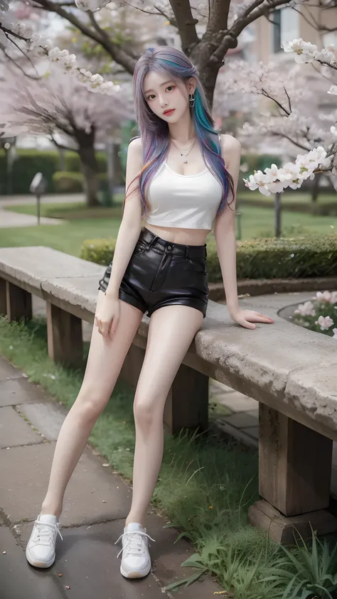 maximum resolution, Very Detailed , 1 girl, Looking at the viewer , Very Long Hair , white hair, rainbow hair , Multicolored hair, Seductive expression, Dark Makeup, Aperture F2.8, Multi View Image , outdoor, Women's Chest Show Top,Skinny Leather ...