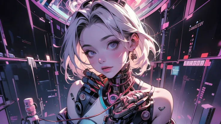 Imagination,a girl,solo,Afrofuturism Streamlined exoskeleton scales and claws,Biopunk,Variety,Laurie Greasley's illustration depicting intricate mechanical body,elaborate portrait of Billie Eilish as Ghost in The Shell character by Laurey Greasley and Take...