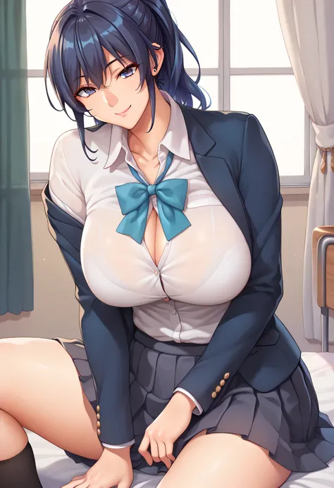  score_9,  score_8_ and ,  score_7_ and ,  score_6_ and ,   ESTILO TAKEDA HIROMITSU   ,  girl , Big Breasts ,  big breasted ,  high details ,  best quality ,  anatomically correct ,( blue hair,  high ponytail ), ( Closed Mouth,smile,) ,  beautiful faces , ...