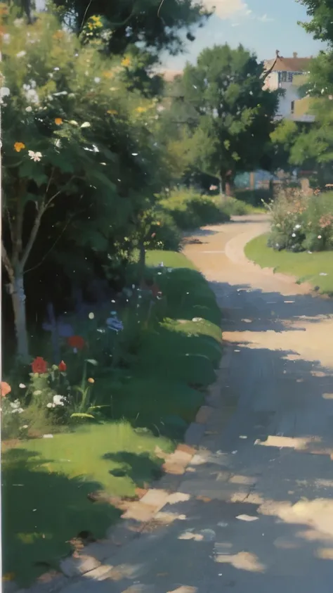 a painting of a pathway with flowers and trees on the side of it, a detailed painting by Aleksander Gine, pixiv, fantasy art, scenery artwork, beautiful anime scene, beautiful anime scenery, anime scenery, anime beautiful peace scene, beautiful and aesthet...