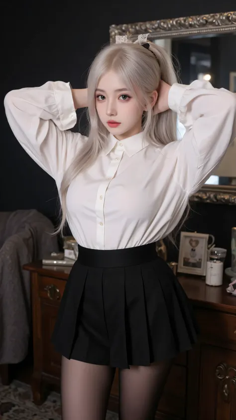 ((( 1 girl )),[ detailed background  (living room)),((Silver Hair)),(Silver Hair)),((Fluffy Silver Hair, The plump and slender girl )) A black pleated skirt with a high ponytail ))) Avoid golden eyes in the ominous living room ((((Girls wearing white opaqu...