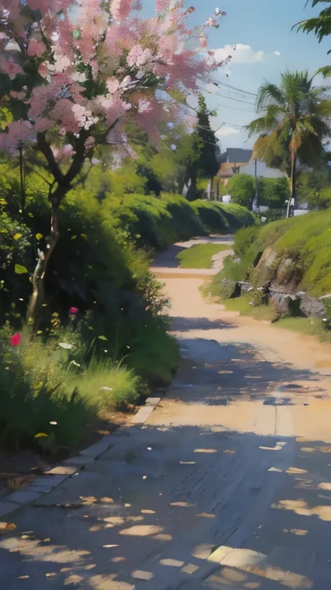 a painting of a pathway with flowers and trees on the side of it, a detailed painting by Aleksander Gine, pixiv, fantasy art, scenery artwork, beautiful anime scene, beautiful anime scenery, anime scenery, anime beautiful peace scene, beautiful and aesthet...