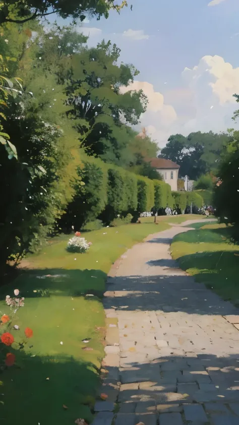 a painting of a pathway with flowers and trees on the side of it, a detailed painting by Aleksander Gine, pixiv, fantasy art, scenery artwork, beautiful anime scene, beautiful anime scenery, anime scenery, anime beautiful peace scene, beautiful and aesthet...