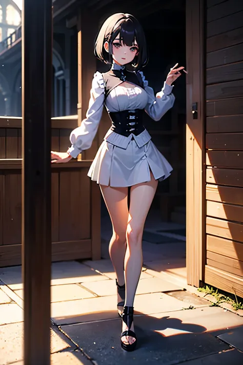 1girl, anime, beautiful woman, sparkly black eyes, short black hair, wearing medieval white attire with miniskirt