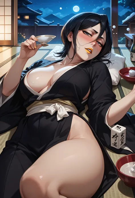 woman, big breasts, anime style, yellow lipstick, black hair, white skin, short hair, drunk, open black kimono, Japanese house, night, drunk, blushing, sake, lying down, Rukia Kuchiki