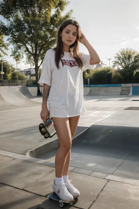 Jolie femme européenne dans la vingtaine., corps entier,  sur une planche à roulettes, habillé négligemment, en baskets blanches, au skatepark, à midi, arrière-plan, Très détaillé , qualité maximale , 