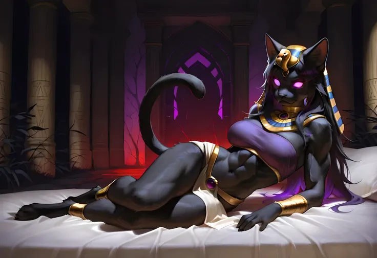 egyptian jewlleries, oil painting, from side, photorealistic, no humans, no cats, furry, an black anthro cat lying on the bed in eyptian temple, purple bandeau, (egyptian clothes), large breasts, (all purple glowing eyes without pupils), all black fur, fur...