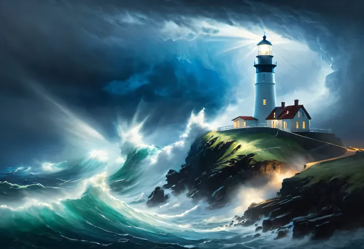(dark green lighting Art:1.7050), Realistic painting in dark a stormy tones, (sea a storm fog: 1.2), (the wind carries sea spray and foam:1.7), the dark a stormy sky is illuminated by the pale light of a lighthouse, (double exposure effect:1.5), (1 Lightho...
