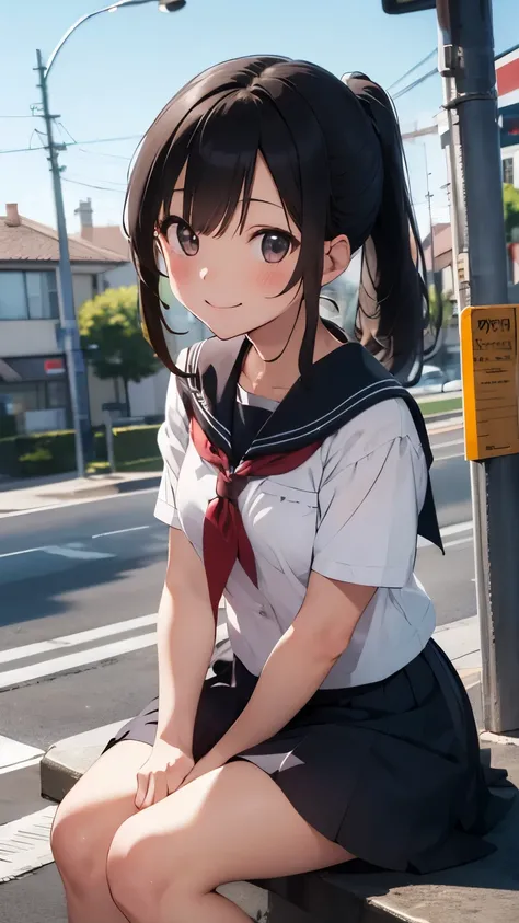 resolution, accurate, masterpiece,  High Quality ,  High Definition Model ,  1 girl,solo,   schoolgirl, black hair, ponytail,blush, smiles,bus stop, sailor suit , is sitting,