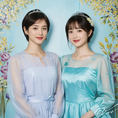 352 ( Twenty Year Old Princess and 20 Year Old Prince),( short hair while on a business trip), ( high definition), (smile), ( fancy mesh costume), (flower), ( painting by Pablo Picasso )