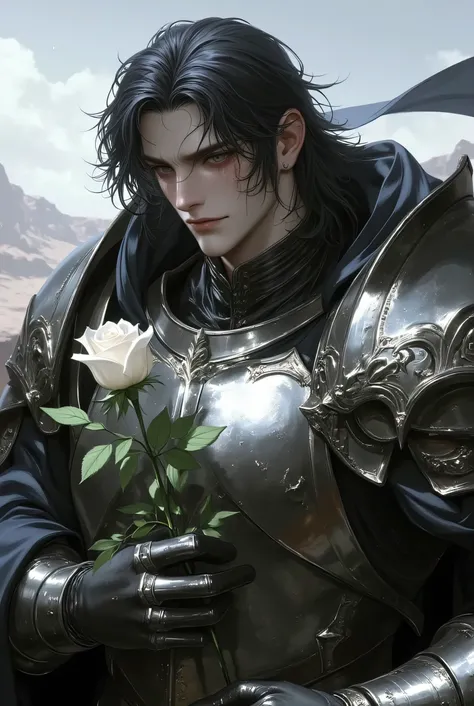 A knight in armor with long dark hair, black eyes, scars on his face, and muscular holding a white rose